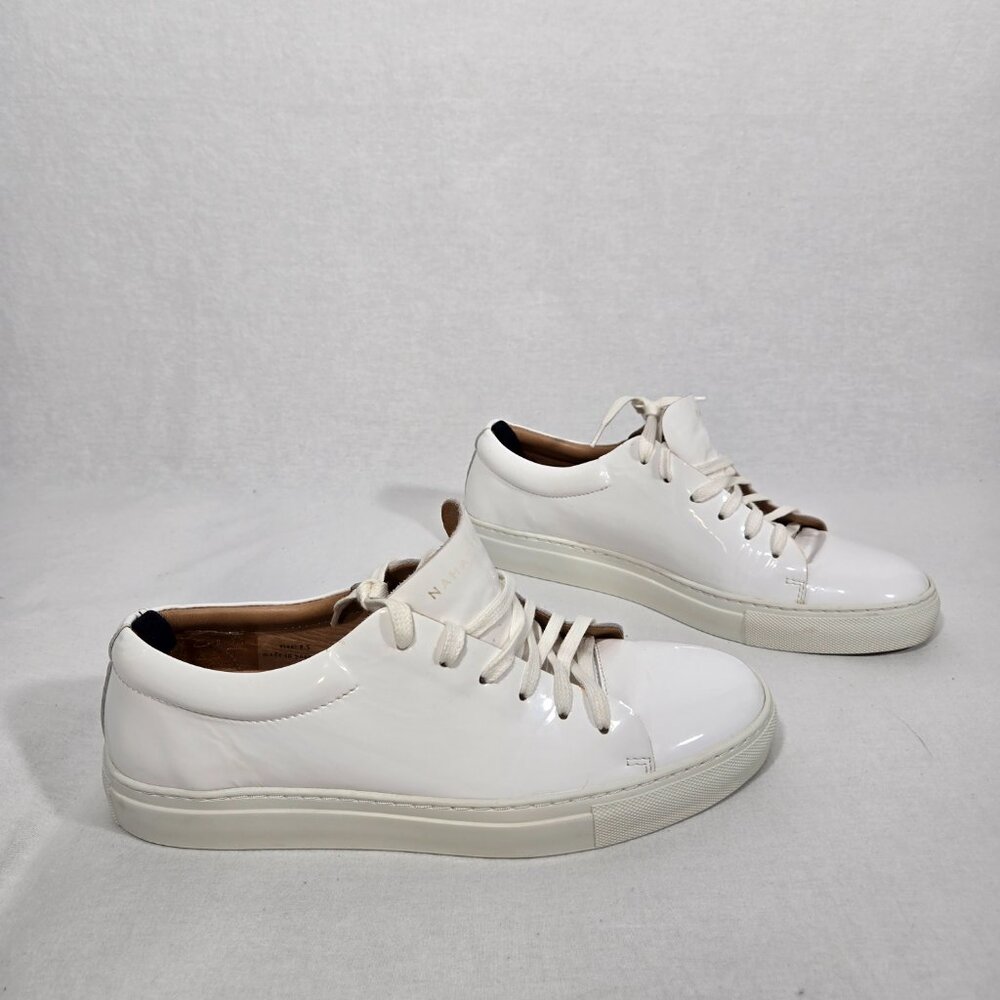 NAHARIYA Quite Luxury Normcore WHITE Patent Leather Sneakers Shoes Men Size 8.5.